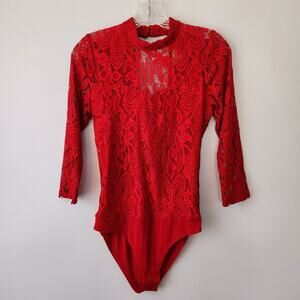 Takara Lace Crochet Bodysuit Women's S Red High Neck Sexy Romantic Boho Chic Tie